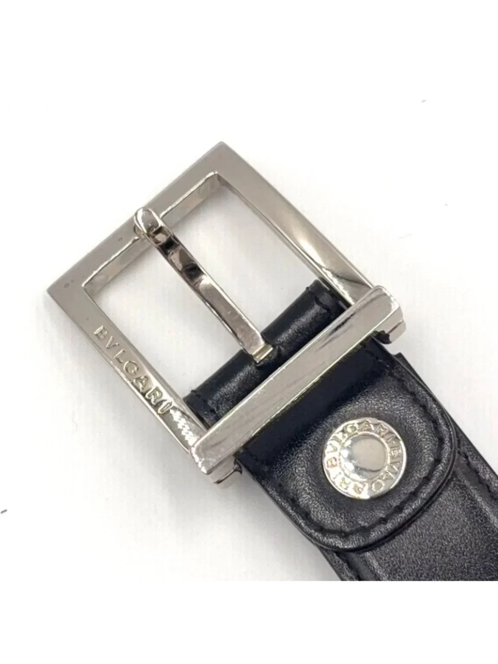 Bvlgari Square Buckle Leather Black Belt Silver
